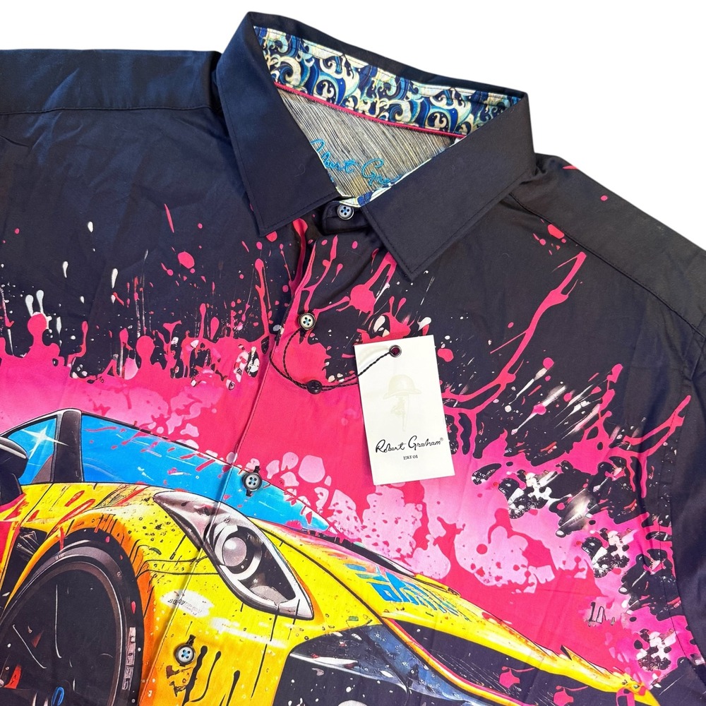 Robert Graham Splash Drifter Shirt Mens 3XL Black Yellow Car Short Sleeve NWT